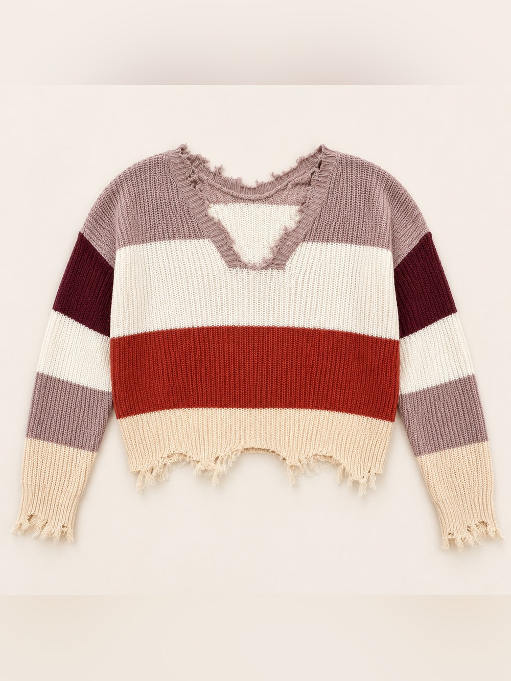 Rue21 Distressed V-Neck Striped Sweater in Mauve, Cream, Rust, Burgundy
